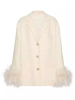 Valentino Garavani твидовый блейзер с отделкой перьями, нейтральный цвет