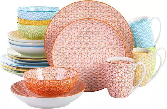 Vancasso, серия Natsuki, фарфоровый набор из 20 предметов: кофейные кружки, миски для хлопьев, десертные тарелки, обеденные тарелки и суповые тарелки на 4 персоны, мультиколор
