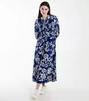 Ванильно-синее платье-рубашка миди со сборками и цветочным принтом Blue Vanilla, военно-морской