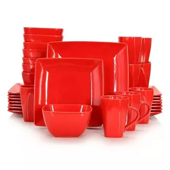 Ванкассо столовый сервиз »SOHO« 32 предм. Набор фарфоровых тарелок, комбинированный сервировочный набор с кофейными чашками, мисками для хлопьев, красный vancasso