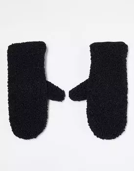 Варежки Pieces из искусственной кожи и искусственного меха черного цвета