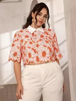 VCAY, Блузка с произвольной вышивкой, тканый материал, длинные рукава, размер больше обычного Shein, апельсиновый