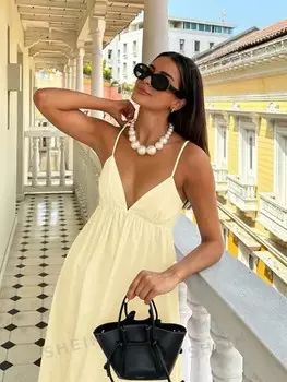 VCAY Цельное платье с открытой спиной, Однотонное, для женщин, которое можно носить во время летних каникул Shein, желтый