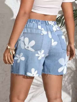 VCAY Джинсовые шорты больших размеров, цветочный принт, края с бахромой Shein, светло-голубой