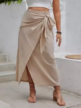 VCAY Юбка больших размеров с бантом и запахом Shein, абрикосовый