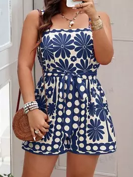 VCAY Комбинезон больших размеров с поясом и случайным принтом для летнего отпуска Shein, синий