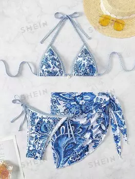 VCAY Комплект бикини из трех частей, случайный принт, женский, для пляжа Shein, синий/белый