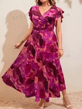 VCAY Летнее платье больших размеров, повседневное, V-образный вырез, рукава с рюшами, цветочный узор, узор Shein, фуксия