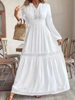 VCAY Однотонное платье с Длинными рукавами и глубоким V-образным вырезом, большие размеры Shein, белый