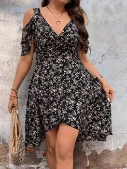 VCAY Платье больших размеров, цветочный принт, вырез на плече Shein, черный
