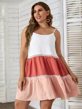 VCAY Платье больших размеров, колор-блок, оборчатый низ, одинарный бретель Shein, мультиколор