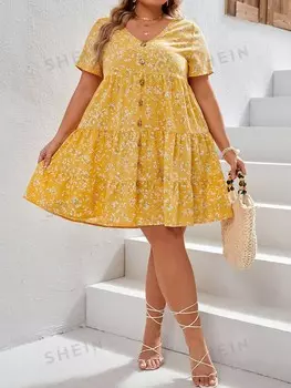 VCAY Платье больших размеров, мелкий цветочный узор, пуговицы спереди, воланный низ Shein, желтый