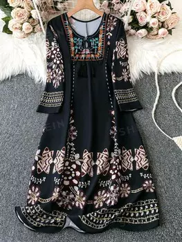 VCAY Платье больших размеров на шнуровке в богемном стиле с произвольным принтом Shein, белый/бордовый