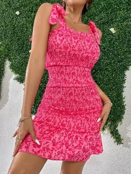 VCAY Платье с эластичным халатом Мелкий цветочный узор, узел на плече, рюши/рюши Shein, фуксия