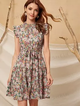 VCAY Платье с завязкой на талии, оборками по низу, цветочным принтом Shein, мультиколор