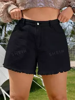 VCAY Plus Джинсовые шорты со сборками Shein, черный