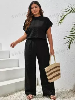 VCAY Плюс футболка с рукавами «летучая мышь» и широкие летние брюки Shein, черный