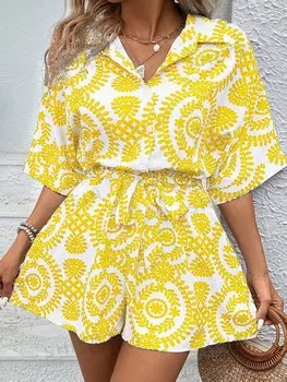 VCAY Plus Комбинезон с растительным принтом, ремень с заниженным плечом Shein, горчично-желтый