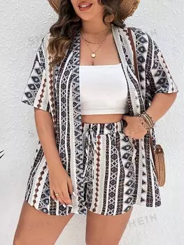 VCAY Плюс летнее кимоно и шорты с открытым передом и геометрическим принтом Shein, мультиколор