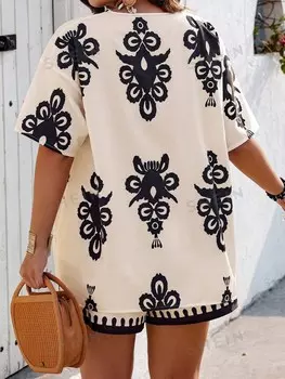 VCAY Плюс размер Кардиган с короткими рукавами и случайным принтом размера плюс комплект из 2 предметов и свободных шорт Shein, абрикосовый