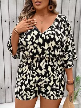 VCAY Плюс Размер Комбинезон с V-образным вырезом Повседневный Праздник Весна/Лето Shein, мультиколор