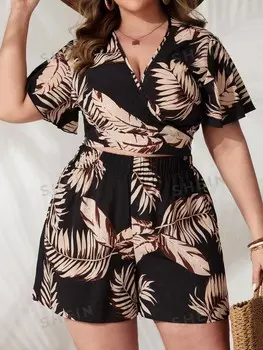 VCAY Плюс размер комплект из топа и шорт с короткими рукавами и узором в виде листьев Shein, мультиколор