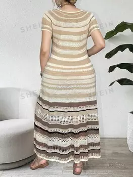 VCAY Плюс Размер Круглый вырез в полоску и с принтом повседневное платье-свитер с короткими рукавами на лето Shein, абрикосовый