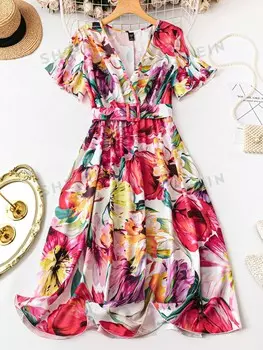 VCAY Плюс Размер Летние каникулы Длинное элегантное платье макси с v-образным вырезом и короткими рукавами с цветочным принтом Shein, мультиколор