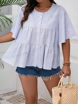 VCAY Плюс размер однобортная рубашка с круглым вырезом и рюшами в полоску и с принтом Shein, синий/белый