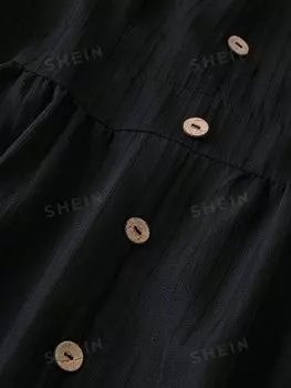 VCAY Плюс Размер Однотонное Летнее платье с v-образным вырезом на пуговицах и короткими рукавами Shein, черный