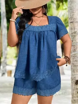 VCAY Плюс размер Отпускная однотонная кружевная рубашка с короткими рукавами и шорты Shein, синий
