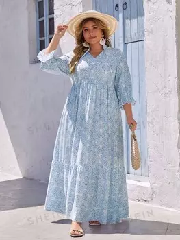 VCAY Плюс размер Платье макси женское праздничное сине-белое пляжное с геометрическим принтом на лето Shein, синий/белый