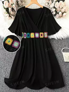 VCAY Плюс Размер Праздничное Досуговое вязаное крючком платье с завышенной талией в стиле пэчворк Shein, черный