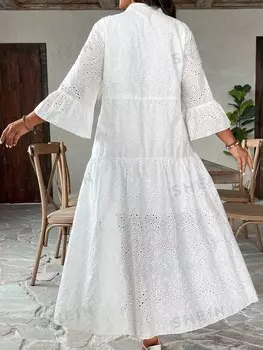VCAY Плюс Размер Праздничное повседневное Однотонное платье с вышивкой и вырезом-колокольчиком Shein, белый