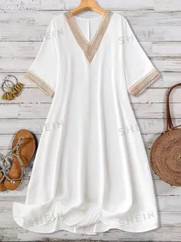 VCAY Плюс Размер Тканое Летнее платье с V-образным вырезом и цветными блоками, рукавами «летучая мышь» Shein, белый