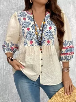 VCAY Плюс Размер Женская летняя праздничная блузка с цветочным принтом свободного покроя с рукавами-фонариками с v-образным вырезом и зубчатым воротником Shein, абрикосовый