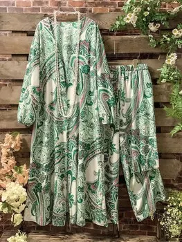 VCAY Плюс Размер Женская праздничная укороченная куртка с длинным рукавом с открытым передом и повседневные брюки с принтом, комплект из двух предметов Shein, зеленый