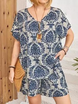 VCAY Плюс Размер Женский повседневный праздничный стиль Топы и шорты с короткими рукавами с произвольным принтом, комплект из двух предметов Shein, мультиколор