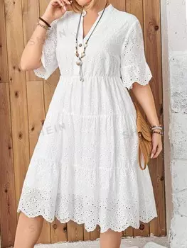 VCAY Плюс Размер Женское Однотонное Простое повседневное платье Shein, белый