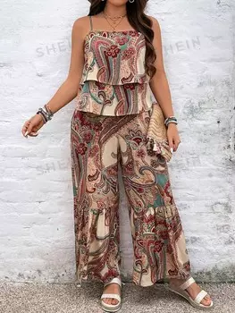 VCAY Plus Size Праздничный двухслойный топ на бретельках и брюки в стиле пэчворк, комплект из двух предметов Shein, мультиколор