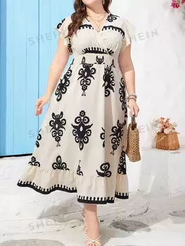 VCAY Праздничное платье больших размеров с v-образным вырезом и цветочным принтом, рукавами с рюшами и завязкой на талии Shein, мультиколор