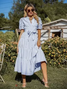 VCAY Присборенное платье, узор в полоску, рукава-фонарики, форма крест-накрест, завязка спереди Shein, синий/белый