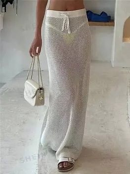 VCAY Женская простая однотонная повседневная ажурная юбка-свитер Shein, белый