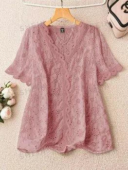 VCAY Женская рубашка больших размеров, V-образный вырез, короткие рукава Shein, розовый