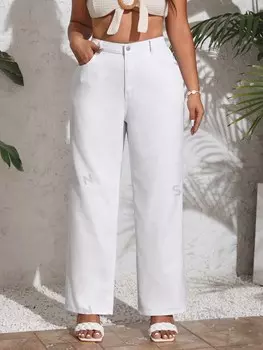 VCAY Женские джинсы больших размеров, Прямые брючины, с карманом Shein, белый