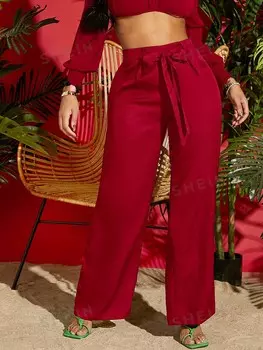 VCAY Женские пляжные брюки, однотонные, на талии с завязками, широкие штанины, красные, летние Shein, красный