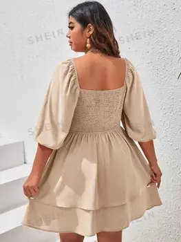 VCAY Женское платье больших размеров, рукав-фонарь, складки Shein, хаки