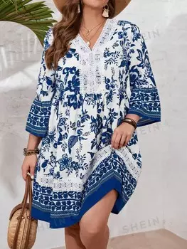 VCAY Женское платье больших размеров с цветочным принтом, рукавами 3/4 и кантри-концертом, Летнее Shein, мультиколор