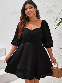 VCAY Женское платье больших размеров, воротник-сердечко, вырез декольте Shein, черный