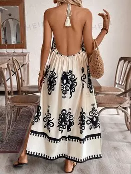 VCAY Женское повседневное отпускное платье с бахромой на шнуровке и высоким боковым разрезом и открытой спиной Shein, мультиколор